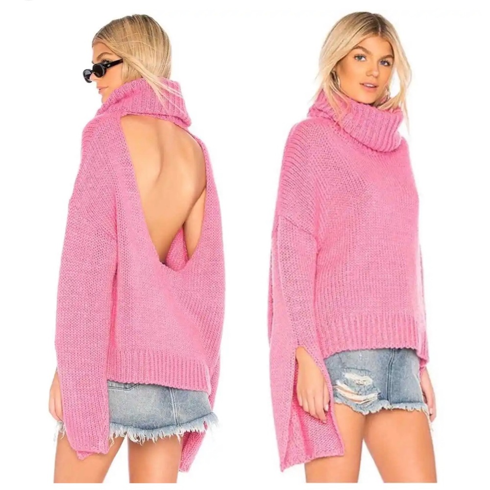 One Teaspoon Winona Keyhole Oversized Chunky-Knit Cowl Sweater Top Pink